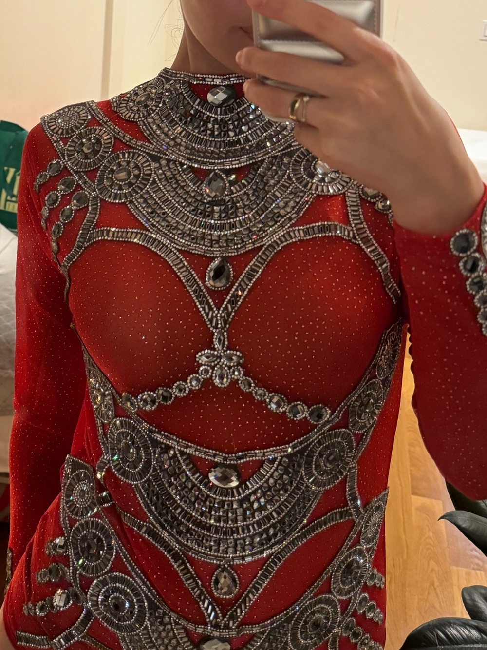 Red Embellished Long-Sleeve Bodysuit with Rhinestone Detail